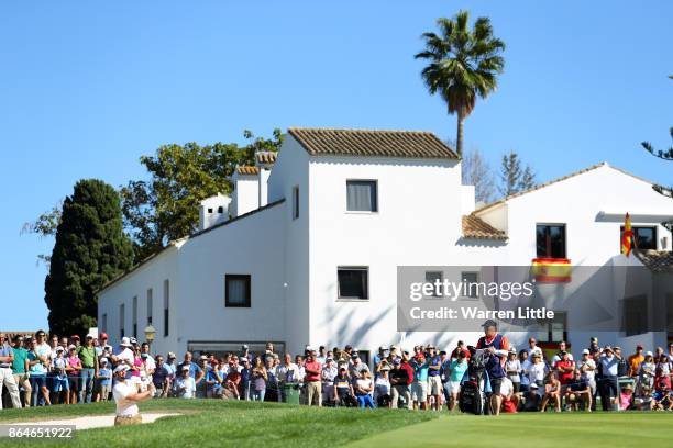 Scott Jamieson of Scotland hits a bunker shot on the 9th hole during day three of the Andalucia Valderrama Masters at Real Club Valderrama on October...