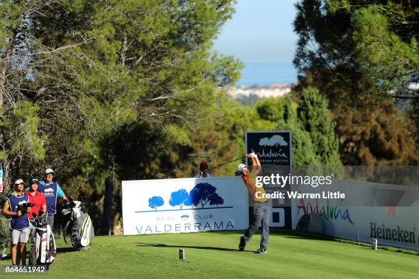 Edoardo Molinari of Italy tees off on the 16th hole during day three of the Andalucia Valderrama Masters at Real Club Valderrama on October 21, 2017...