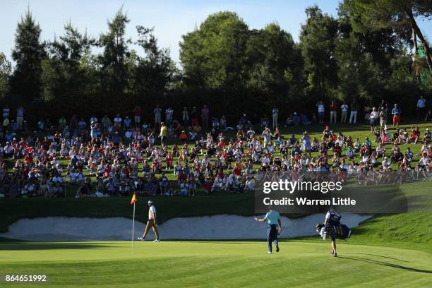 Sergio Garcia of Spain acknowledges the crowd on the 17th hole during day three of the Andalucia Valderrama Masters at Real Club Valderrama on...