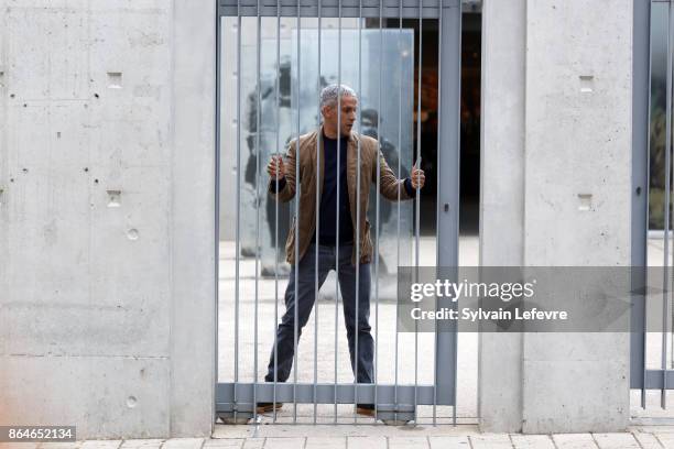 Sami Bouajila attends the shooting of French short black-and-white silent documentary film 'La Sortie de l'Usine' directed by Wong Kar-wai at the...