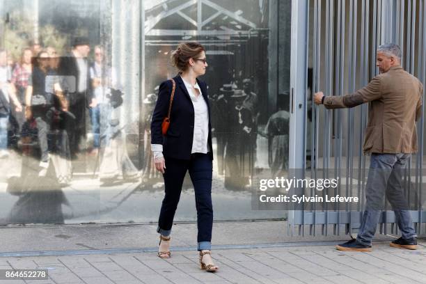 Emmanuelle Devos and Sami Bouajila attend the shooting of French short black-and-white silent documentary film 'La Sortie de l'Usine' directed by...