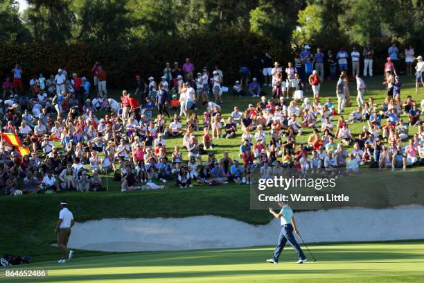 Sergio Garcia of Spain acknowledges the crowd on the 17th hole during day three of the Andalucia Valderrama Masters at Real Club Valderrama on...