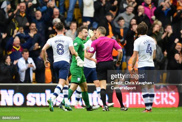 Preston North End's Chris Maxwell appeals for a decision from Referee Stephen Martin after Wolverhampton Wanderers' Leo Bonatini scored his sides...