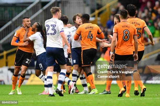 Tempers flare over towards the end of the game, involving Wolverhampton Wanderers' Romain Saiss, Preston North End's Daniel Johnson, Preston North...