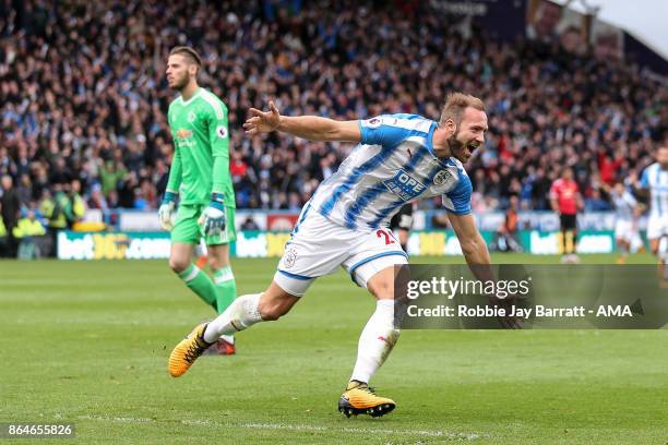 Laurent Depoitre of Huddersfield Town celebrates after scoring a goal to make it 2-0 during the Premier League match between Huddersfield Town and...