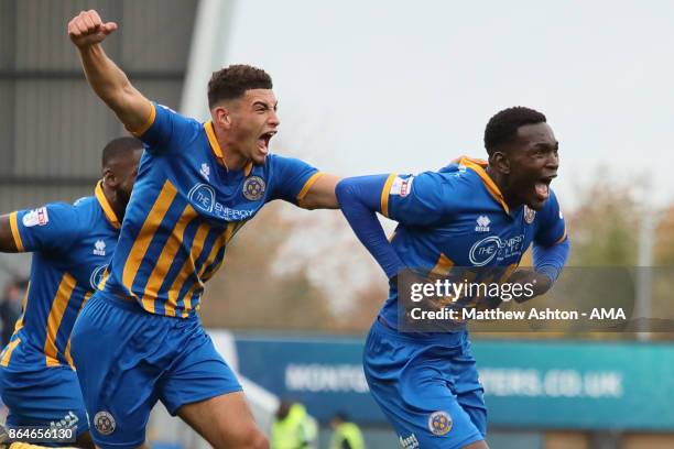 Aristote Nsiala of Shrewsbury Town celebrates after scoring a goal to make it 1-0 during the Sky Bet League One match between Shrewsbury Town and...