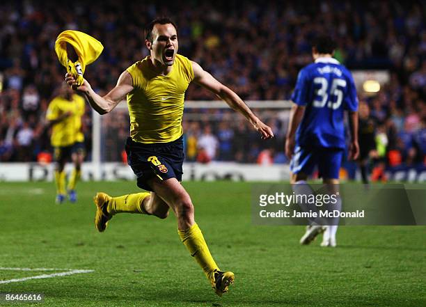 Andres Iniesta of Barcelona celebrates scoring in the final minutes during the UEFA Champions League Semi Final Second Leg match between Chelsea and...