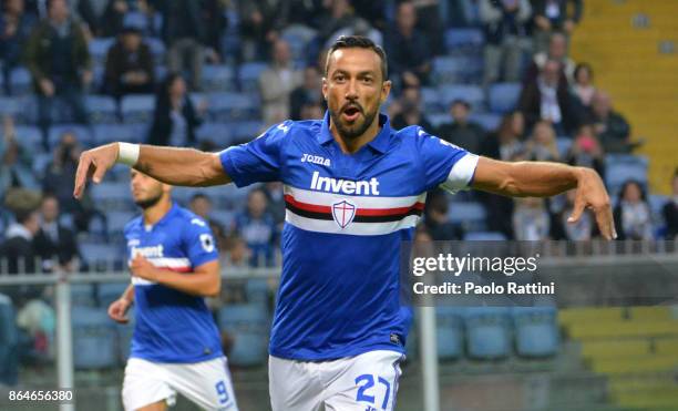 Fabio Quagliarella celebrate after 2-0 during the Serie A match between UC Sampdoria and FC Crotone at Stadio Luigi Ferraris on October 21, 2017 in...