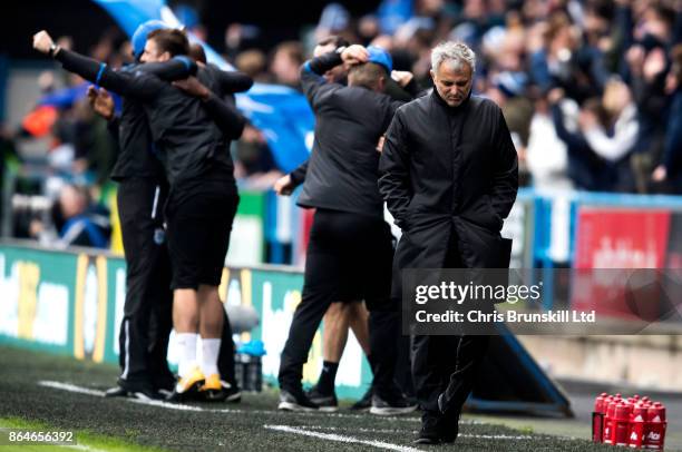 Manchester United manager Jose Mourinho reacts following Huddersfield Town's second goal during the Premier League match between Huddersfield Town...