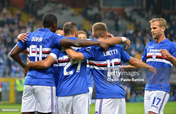 Fabio Quagliarella celebrate after 2-0 during the Serie A match between UC Sampdoria and FC Crotone at Stadio Luigi Ferraris on October 21, 2017 in...