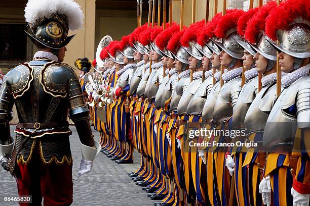 New recruits attend a swearing in ceremony for the Vatican's elite Swiss Guard at the Cortile di San Damaso on May 6, 2009 in Vatican City, Vatican....