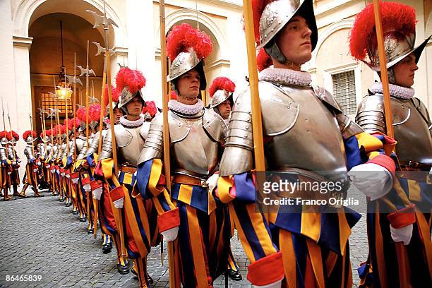 New recruits of the Vatican's elite Swiss Guard march at the swearing in ceremony for new members on May 6, 2009 in Vatican City, Vatican. The...