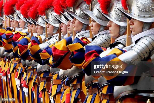 New recruits attend a swearing in ceremony for the Vatican's elite Swiss Guard at the Cortile di San Damaso on May 6, 2009 in Vatican City, Vatican....