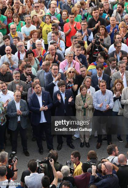 Catalan regional President Carles Puigdemont and Catalan Parliament President Carme Forcadell attend a Catalan independence rally to demand the...