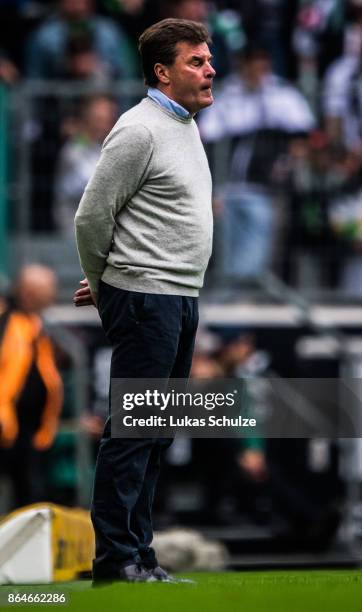 Head Coach Dieter Hecking of Moenchengladbach looks disappointed on the sideline during the Bundesliga match between Borussia Moenchengladbach and...