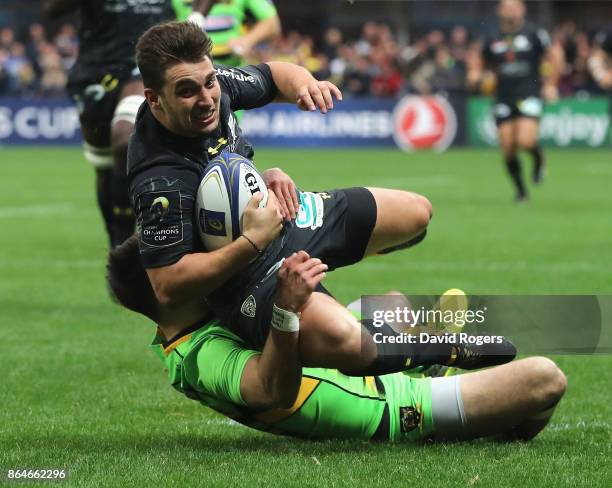 Charlie Cassang of Clermont Auvergen dives over for their third try during the European Rugby Champions Cup match between ASM Clermont Auvergne and...