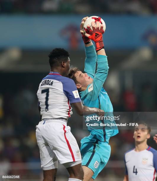 Goalkeeper Curtis Anderson of England saves a ball during the FIFA U-17 World Cup India 2017 Quarter Final match between USA and England at Pandit...