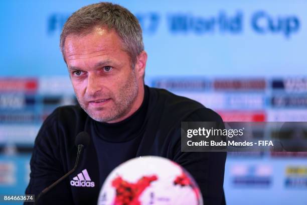 Head coach Christian Wueck of Germany attends a press conference a day before the FIFA U-17 World Cup India 2017 Quarter Final match between Germany...