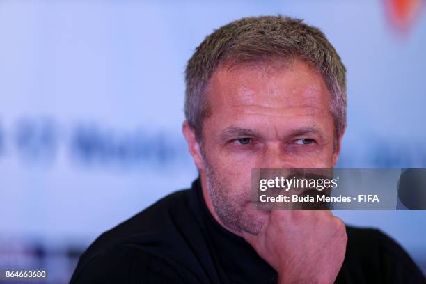 Head coach Christian Wueck of Germany attends a press conference a day before the FIFA U-17 World Cup India 2017 Quarter Final match between Germany...