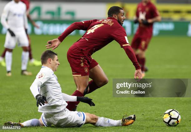 Yann M'Vila FC Rubin Kazan vies for the ball with Grigori Morozov FC Dinamo Moscow during the Russian Premier League match between FC Rubin Kazan and...