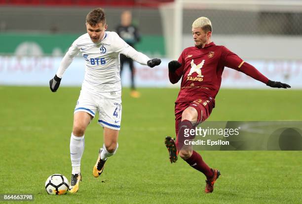 Maxime Lestienne FC Rubin Kazan vies for the ball with Aleksandr Sapeta FC Dinamo Moscow during the Russian Premier League match between FC Rubin...