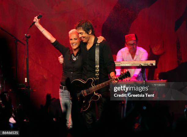 Marie Fredriksson reunites with Roxette member Per Gessle during his concert at Melkweg on May 6, 2009 in Amsterdam, Netherlands.