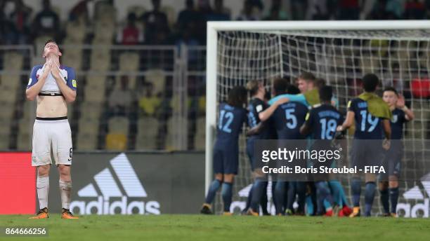 Jonathan Panzo of England reacts after Rhian Brewster of England scores his team's fourth by penalty during the FIFA U-17 World Cup India 2017...