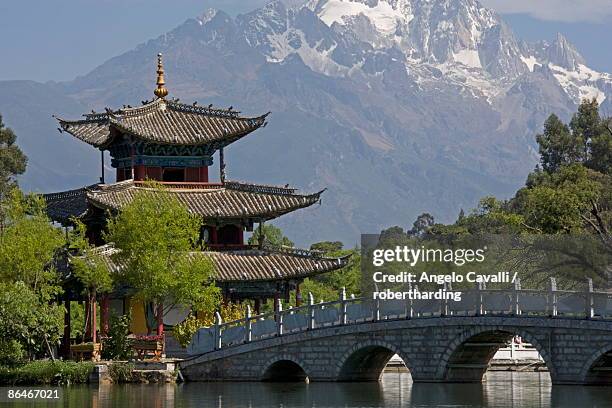 black dragon pool park, temple and bridge, with jade dragon snow mountain in background, lijiang, yunnan province, china, asia - black dragon pool park stockfoto's en -beelden