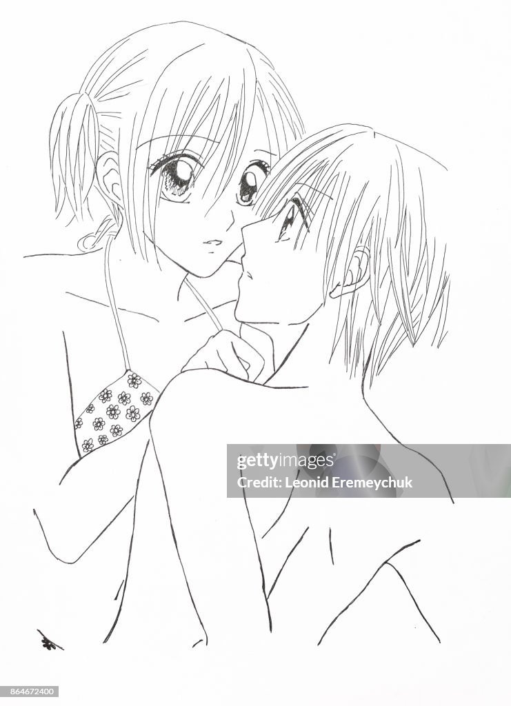 Dibujo Del Estilo De Anime Imagen Enamorada Chica Y El Chico De La Imagen  En El Estilo De Anime Japonés Ilustración de stock - Getty Images