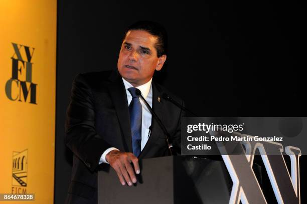 Governor of Michoacan Silvano Aureoles Conejo speaks during the Inaugutation of the XV Morelia International Film Festival on October 20, 2017 in...