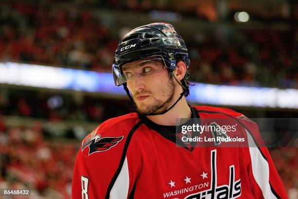 Alex Ovechkin of the Washington Capitals looks on prior to a face off against the Pittsburgh Penguins during Game Two of the Eastern Conference...