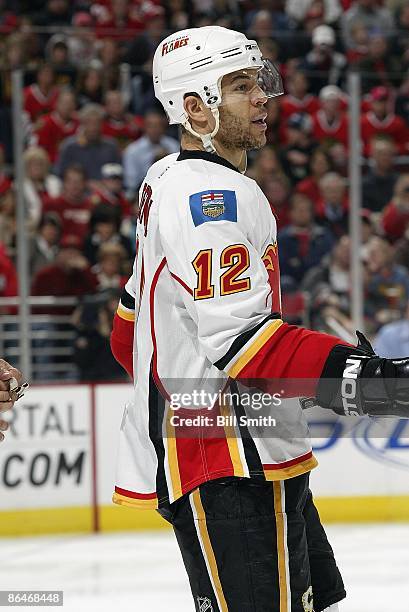 Jarome Iginla of the Calgary Flames skates into position before play begins during game 5 of the Western Conference Quarterfinals of the 2009 Stanley...