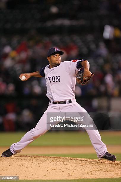 Ramon Ramirez of the Boston Red Sox pitches during the game against the Oakland Athletics at the Oakland Coliseum on April 14, 2009 in Oakland,...