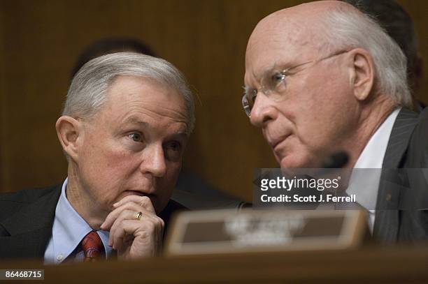 May 06: Ranking member Jeff Sessions, R-Ala., and Chairman Patrick J. Leahy, D-Vt., during the Senate Judiciary oversight hearing with Homeland...