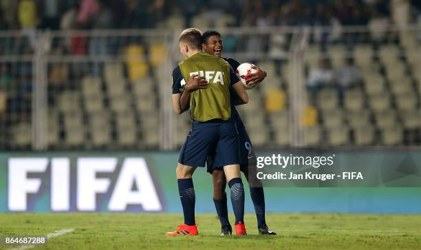 Rhian Brewster of England celebrates after the final whistle during the FIFA U-17 World Cup India 2017 Quarter Final match between USA and England at...