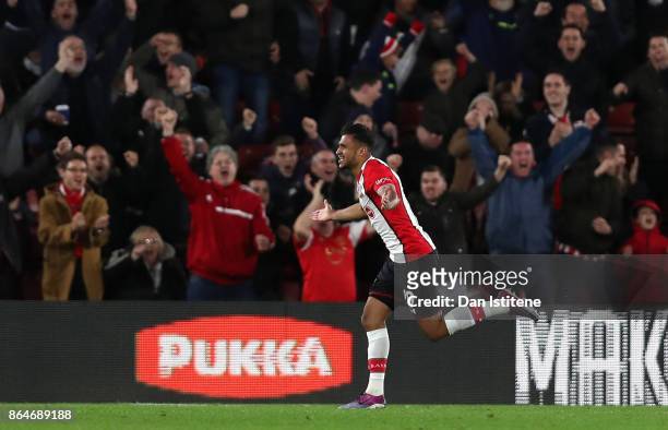 Sofiane Boufal of Southampton celebrates scoring his sides first goal during the Premier League match between Southampton and West Bromwich Albion at...