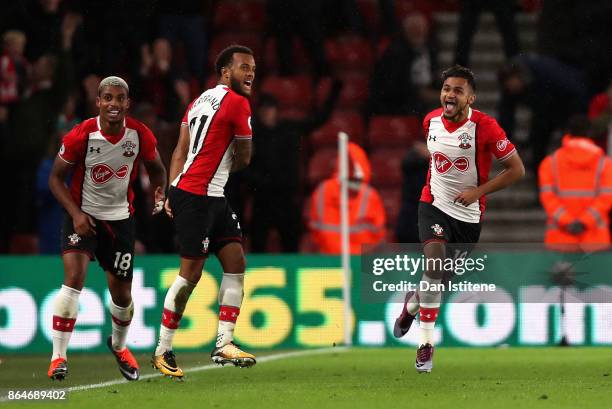 Sofiane Boufal of Southampton celebrates with teammates after scoring his sides first goal during the Premier League match between Southampton and...