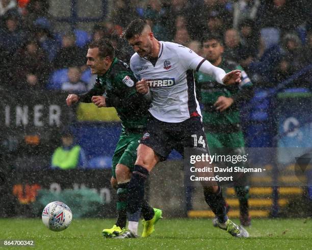 Bolton Wanderers' Gary Madine battles with Queens Park Rangers' Josh Scowen during the Sky Bet Championship match between Bolton Wanderers and Queens...