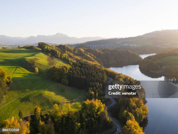 lake of gruyere in golden autumn - fribourg canton stock pictures, royalty-free photos & images