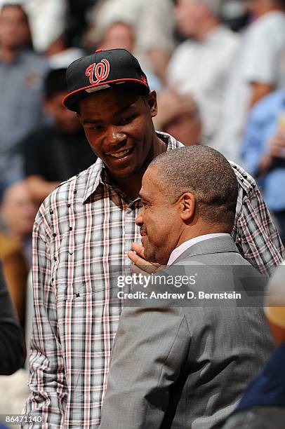 Kevin Durant of the Oklahoma City Thunder attends Game Two of the Western Conference Semifinals between the Houston Rockets and the Los Angeles...