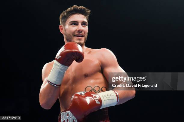 Belfast , United Kingdom - 21 October 2017; Josh Kelly celebrates following his Welterweight bout with Jose Luis Zuniga at the SSE Arena in Belfast.