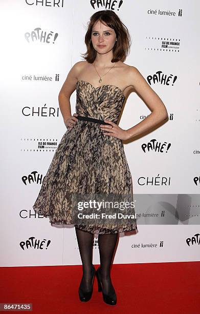 Felicity Jones attends the UK premiere of "Cheri" at Cine lumiere on May 6, 2009 in London, England.