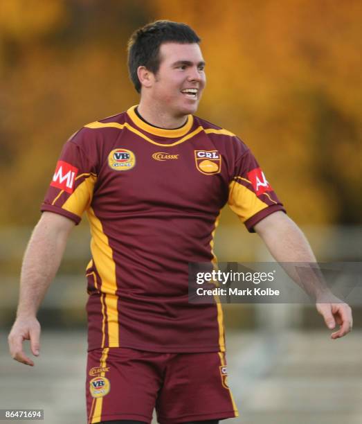 Jamie Lyon of Country shares a laugh with a team mate during the Country Origin training session at Wade Park on May 7, 2009 in Orange, Australia.
