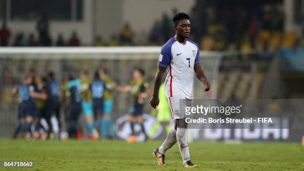Ayo Akinola of the United States reacts after losing the FIFA U-17 World Cup India 2017 Quarter Final match between USA and England at Pandit...
