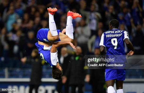 Porto's Brazilian defender Felipe celebrates next to Cameroonian forward Vincent Aboubakar after scoring a goal during the Portuguese league football...
