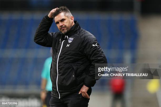 Bordeaux's French head coach Jocelyn Gourvennec reacts during the French L1 football match between Amiens and Bordeaux on October 21 at the Oceane...