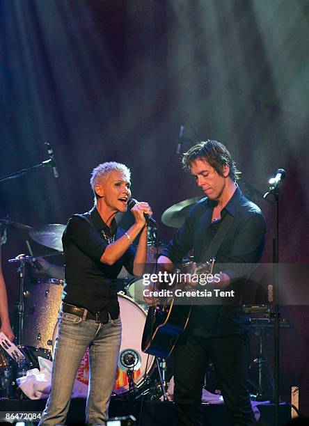 Marie Fredriksson reunites with Roxette member Per Gessle at Melkweg on May 6, 2009 in Amsterdam, Netherlands.