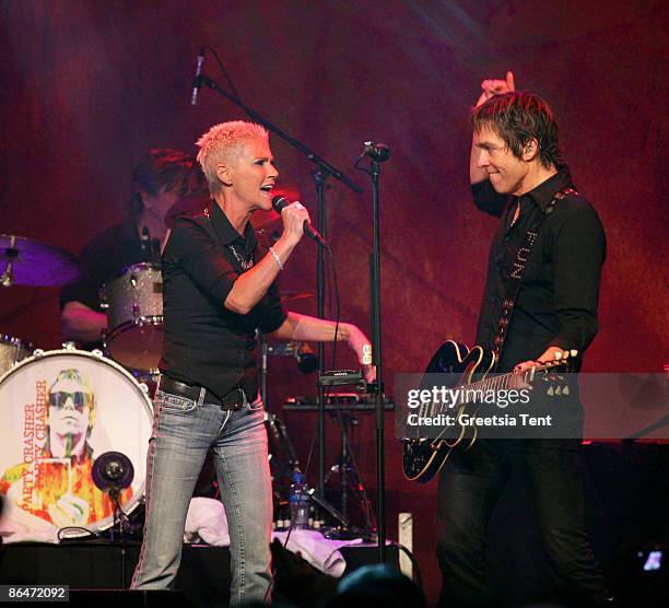 Marie Fredriksson reunites with Roxette member Per Gessle at Melkweg on May 6, 2009 in Amsterdam, Netherlands.