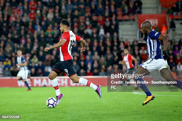 Sofiane Boufal of Southampton FC runs past Allan Nyom of West Bromwich Albion during the Premier League match between Southampton and West Bromwich...