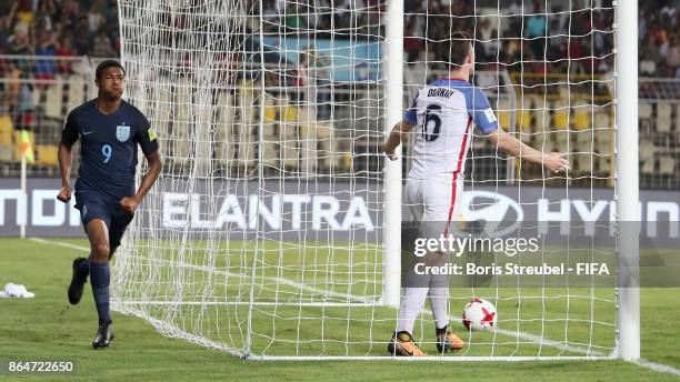 Rhian Brewster of England celebrates after scoring his team's second goal during the FIFA U-17 World Cup India 2017 Quarter Final match between USA...